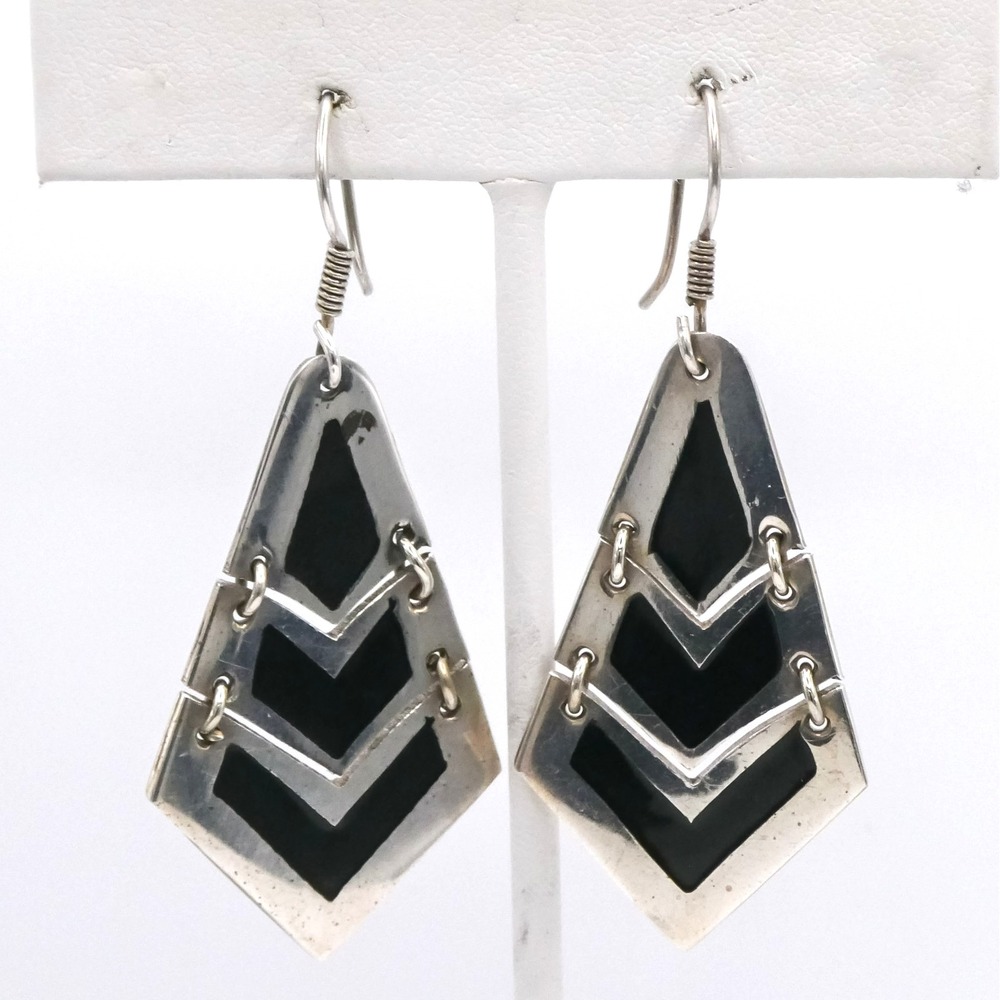 Taxco Mexico Silver Black Enamel Drop Dangle 2.4" Earrings Sterling 925 Vintage
